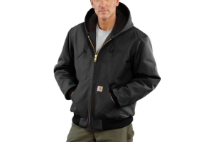 Men’s black hooded work jacket with zip front, American made workwear designed for durability and comfort on the job site.