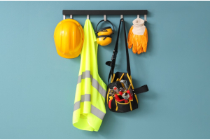 An array of PPR hanging on a rack, including hardhat, vest, ear protection, took belt, and gloves.