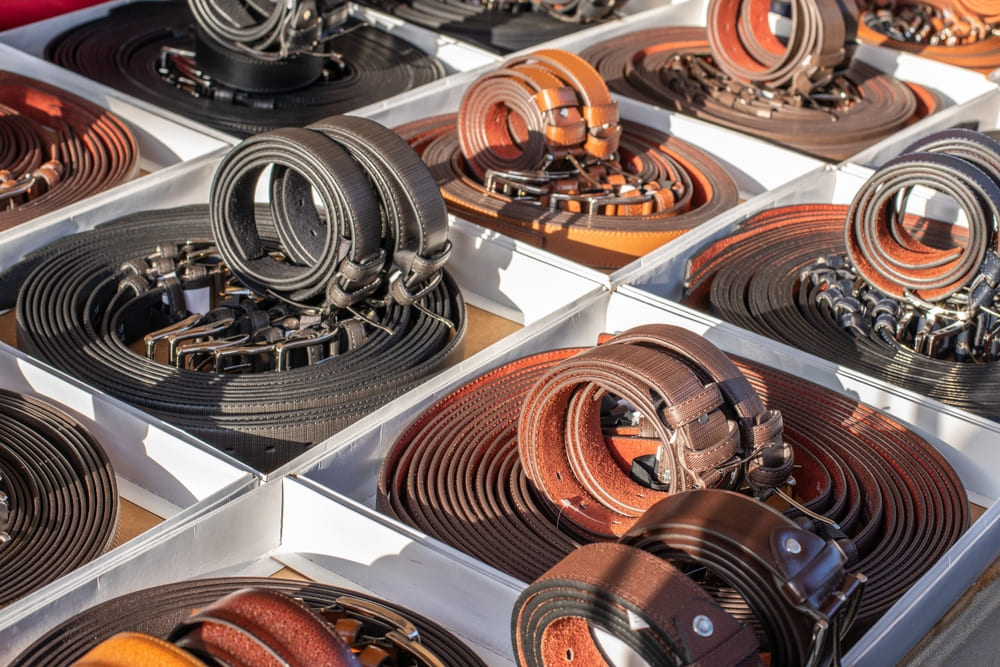 Leather mens belts on display