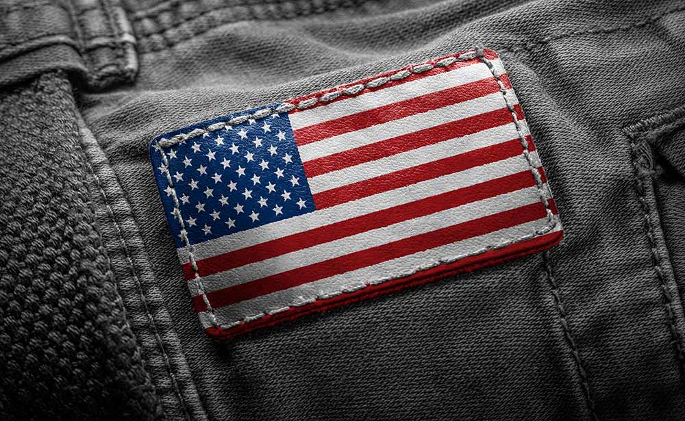 American-made clothing brand with an American flag sewn onto it.