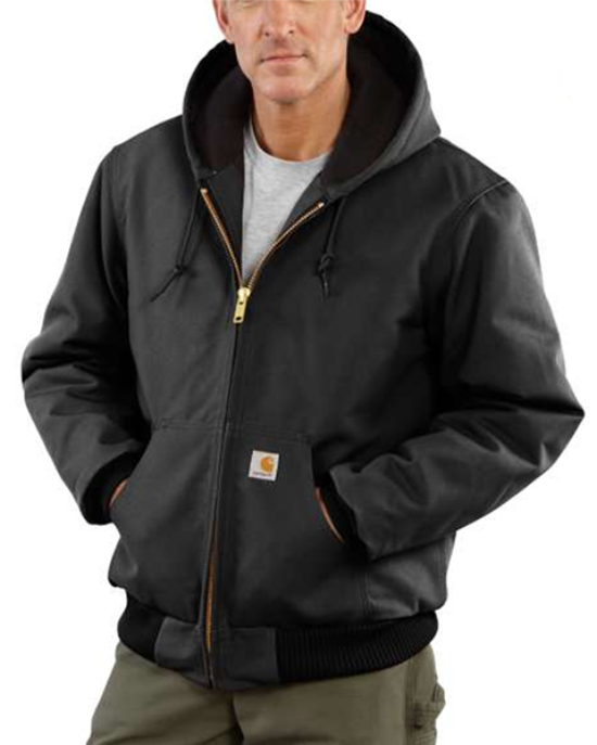 Men’s black hooded work jacket with zip front, American made workwear designed for durability and comfort on the job site.