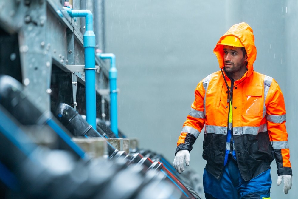 An engineer working in the pouring rain, wearing a reflective orange coat.