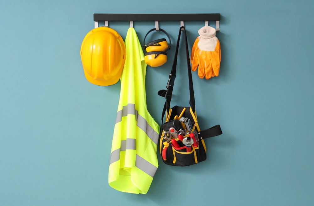 An array of PPR hanging on a rack, including hardhat, vest, ear protection, took belt, and gloves.