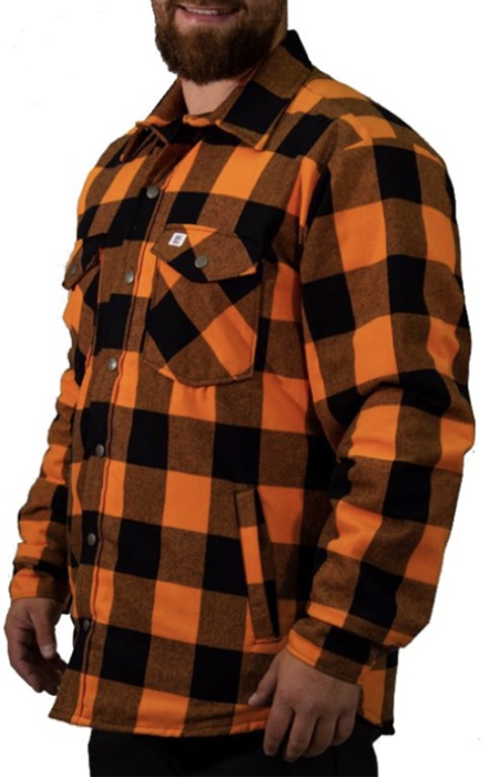 Men’s orange and black plaid flannel work jacket, American made workwear offering rugged style and warmth for outdoor labor.